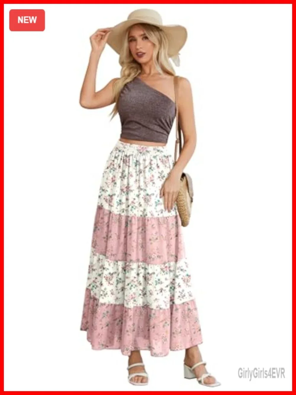 Women's Floral Chiffon Patchwork Boho Maxi Skirt High Waist Double Layer